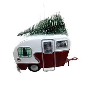 Red Camper Metal Christmas Ornament - w/ Christmas Tree on Top